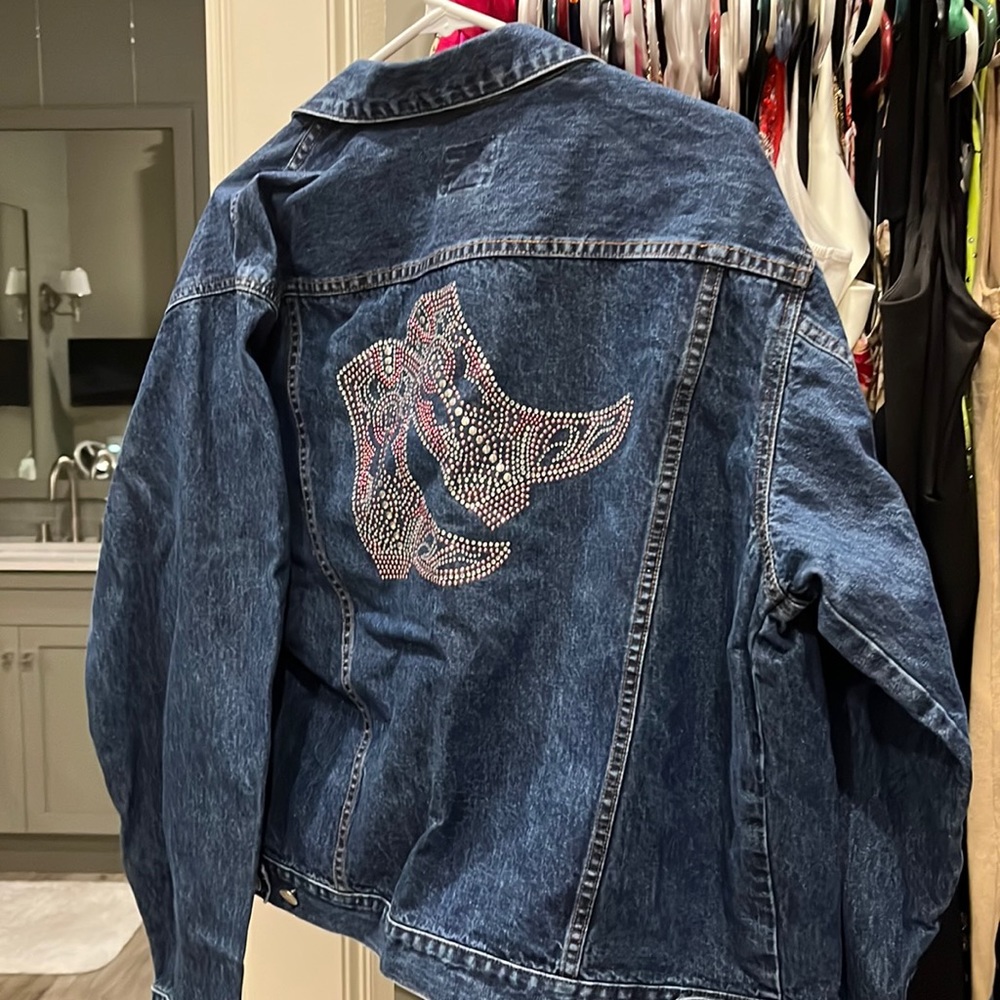 Beautiful custom rhinestone jacket with pink cowboy boots!